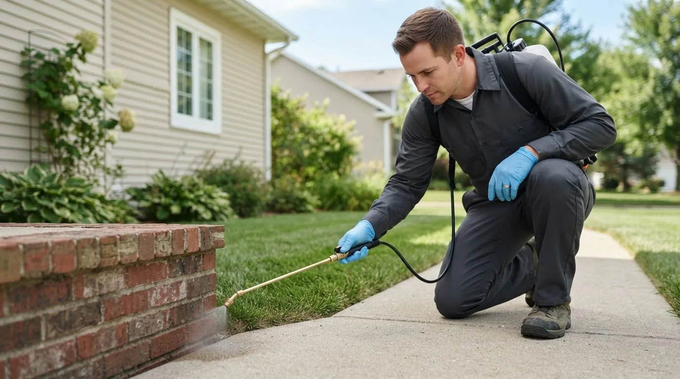 Pest control technician treating a home near Goldston, NC